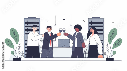 A diverse team of business professionals celebrating success with a champagne toast in a modern office, colleagues clinking glasses for a new partnership