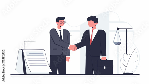 Business partners celebrating a successful agreement with a handshake. A signed contract and scales of justice symbolize a fair and professional legal deal
