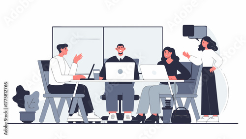 A modern flat design vector illustration of a corporate team collaborating in a strategic business meeting in a minimalist office