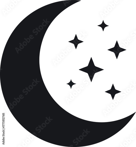 Black Crescent Moon With Sparkly Stars Simple Icon Vector