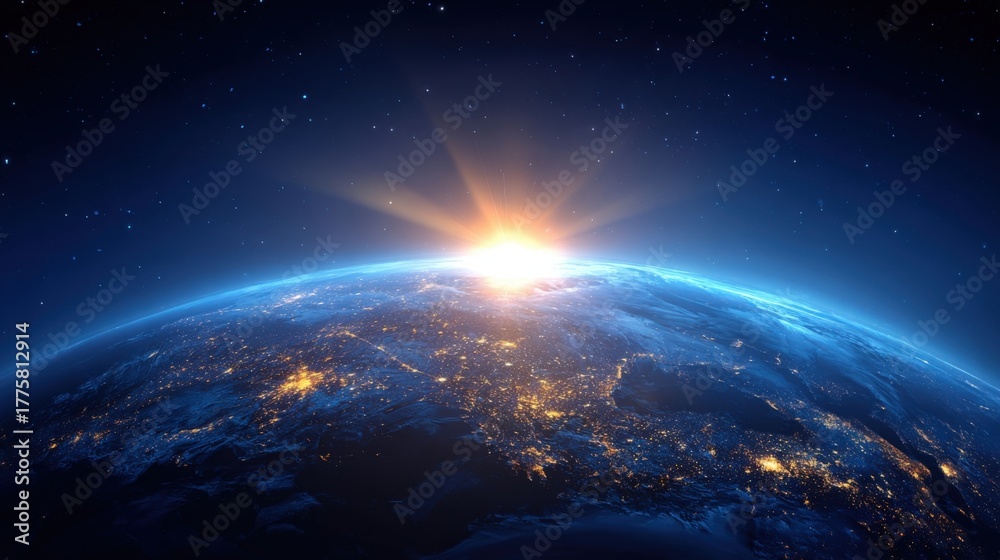 Fototapeta premium Earth Sunrise From Space With City Lights Illuminating The Surface and Beautiful Blue Atmosphere