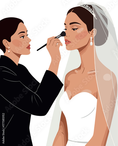 Bridal Makeup Artist Applying Powder to Bride In White Wedding Dress