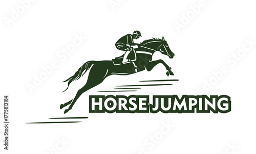 great jumping horse and it jokey logo, silhouette of dark green mare vector illustrations