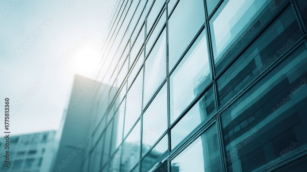Obraz premium Modern Corporate Building Facade with Glass Windows Reflecting Sky and Sunlight, Representing Business and Innovation