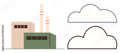 Industrial structure with green and beige sections, twin chimneys, and two contrasting clouds symbolizing air quality. Ideal for pollution, environment, sustainability, climate change, technology