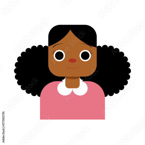 charming little girl with voluminous curly afro hair, a sweet smile, and expressive cartoon eyes.