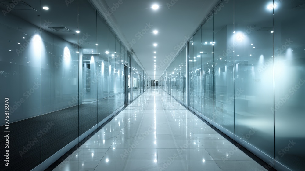 Fototapeta premium Modern Office Corridor with Glass Walls and Polished Floor, Illuminated by Recessed Lighting