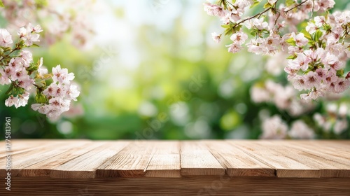 Elegant Cherry Blossom Background with Wooden Tabletop for Product Showcase and Springtime Presentations