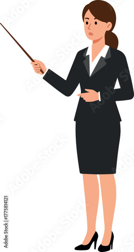 Business Woman Pointing With Stick In Black Suit Isolated On White