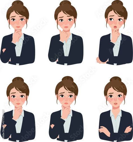Business Woman Thinking Pondering Doubtful Puzzled Confused Concerned Worry Worried Emotion Poses
