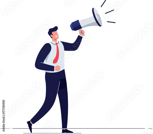 Businessman Announcing with Megaphone Flat Design on White Background