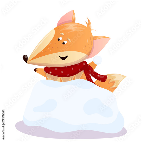 Cute vector illustration of a fox playing snowballs. Christmas, New Year, fox, snowballs, games