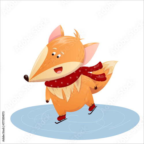 Cute vector illustration of a fox skating on ice. Christmas, New Year, fox, ice, skating