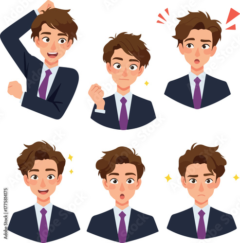 Businessman Emotive Pixel Art Expressions Flat Icon Set Isolated