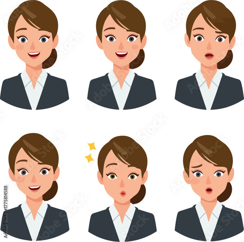 Businesswoman Diverse Emotions Flat Design Icon Set White Background