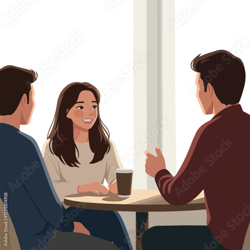 Casual Gathering Friends Chatting Coffee Table White Background Flat Design