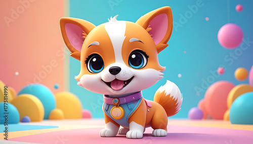 An adorable cartoon corgi puppy with big blue eyes smiles happily in a colorful pastel world.