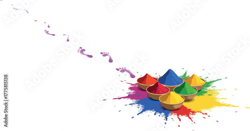 Colorful Holi Powder in Wooden Bowls Splatter Isolated White Background Flat Design