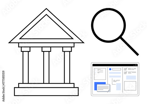 Government building outline, magnifying glass symbolizing search, and webpage layout hint at research, governance, legal processes, online access, transparency. Ideal for law, education civic