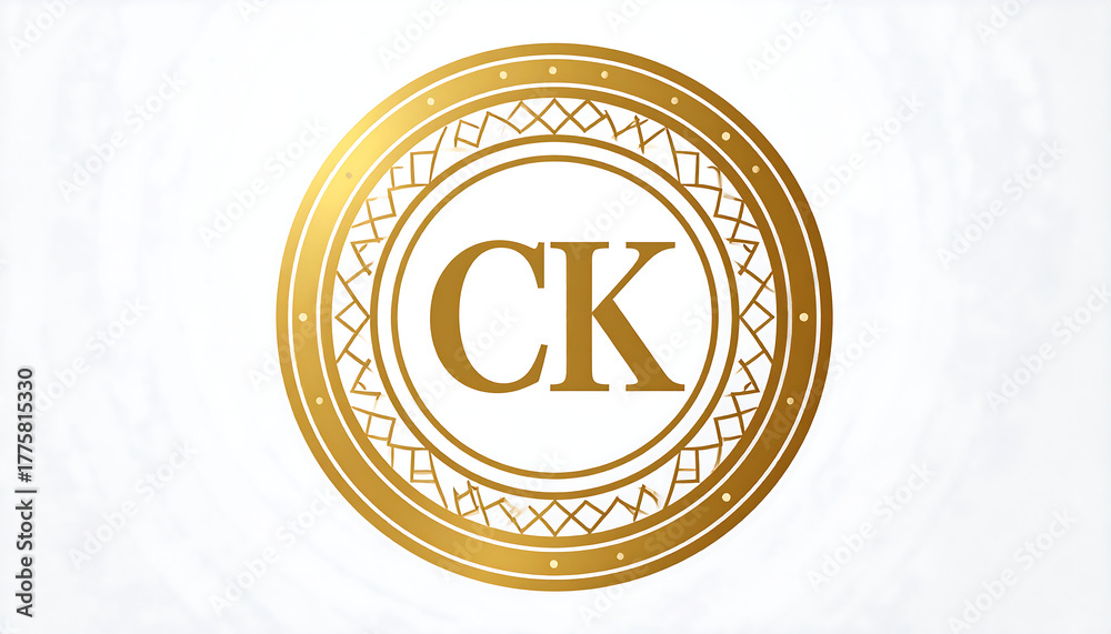 Fototapeta premium Elegant gold monogram logo with the letters CK inside a decorative, ornate circular frame.