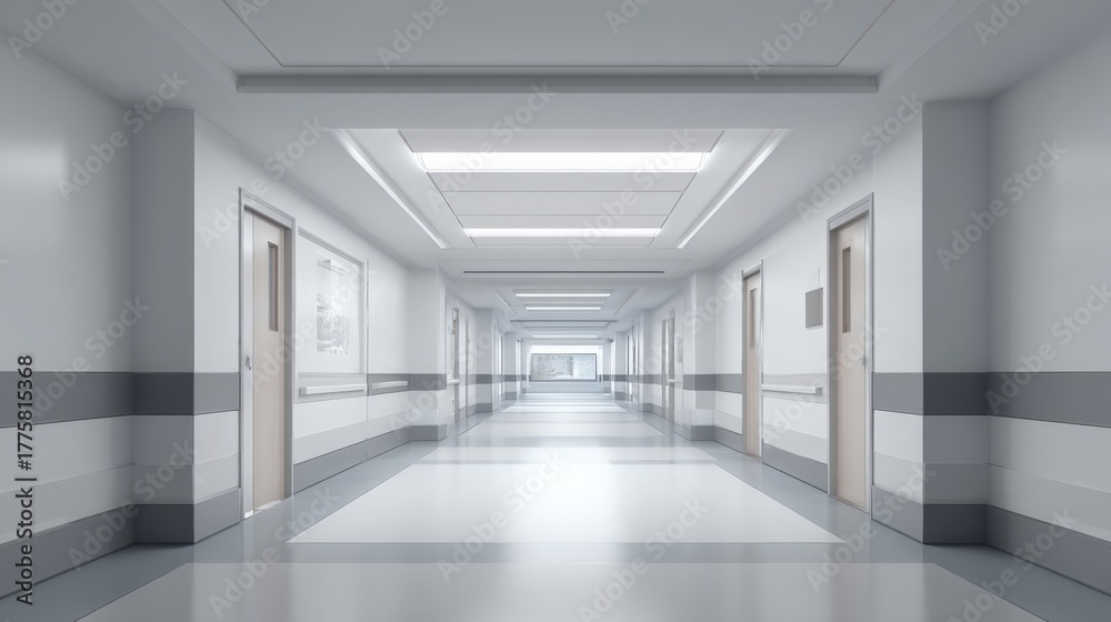 Fototapeta premium Empty Hospital Corridor with Closed Doors and Bright Lighting, Clean Modern Interior Architecture