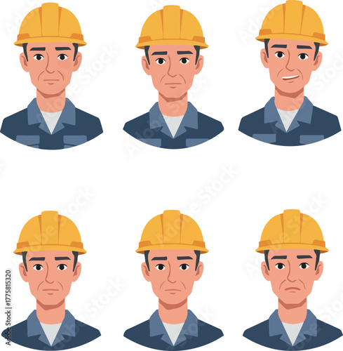 Construction Worker Faces Yellow Hard Hat Blue Shirt Expressions Flat Illustration