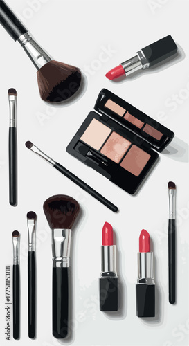 Cosmetic Makeup Brushes Lipsticks and Eyeshadow Palette Flat Vector