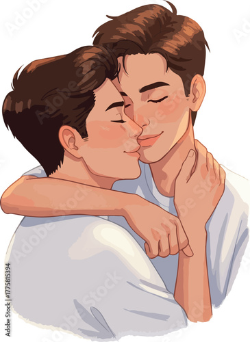 Couple Affectionate Embrace Warm Sunlight Soft Colors Minimalist Illustration