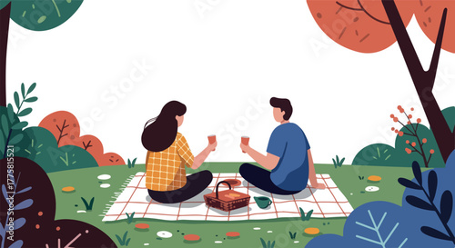 Couple Having Picnic In Autumn Park Flat Design With Red Orange Green Tones