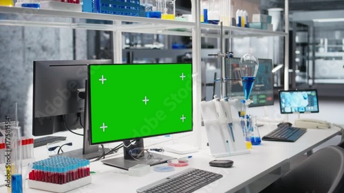 Green screen PC in lab next to tablet with interface showing genetic markers associated with disease risk. Chroma key computer and device in laboratory used to study DNA strand mapping