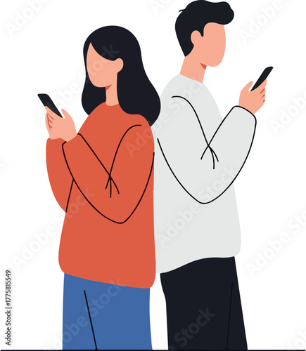 Couple Holding Phones Back to Back Flat Design Isolated Minimalist Illustration