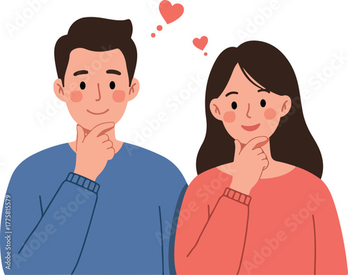 Couple In Love Thinking With Hearts Above Minimal Flat Design Isolated
