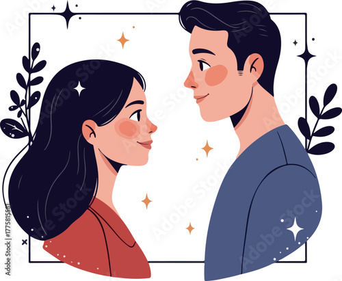 Couple In Love Flat Design Minimal Illustration Romantic Starlight Background