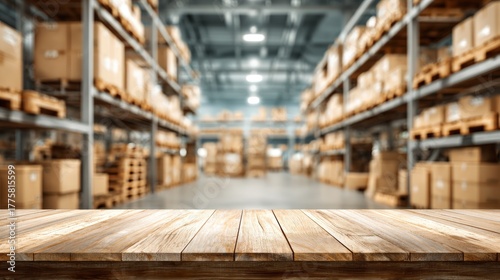 Warehouse Interior with Wood Tabletop Mockup: Storage, Distribution, and Logistics Background for Product Display