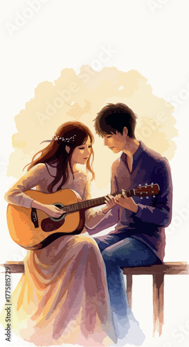 Couple Playing Guitar Together Under Warm Sunlight