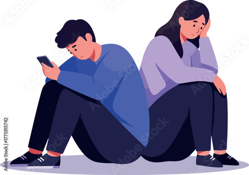 Couple Sad Sitting Back To Back With Man On Phone White Background Flat Design
