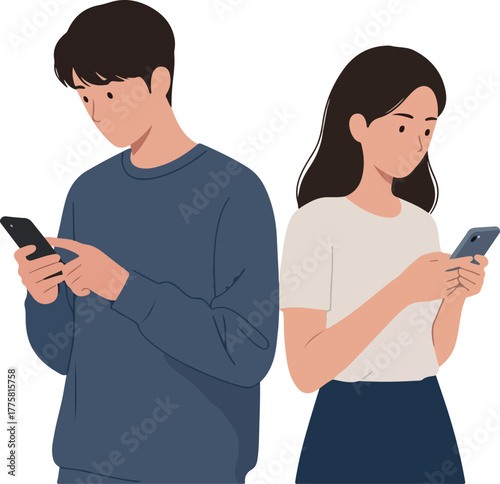 Couple Scrolling Phones Isolated Flat Design Minimalist Illustration
