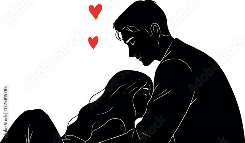 Couple Silhouette Romantic Embrace Minimalist Hearts White Background