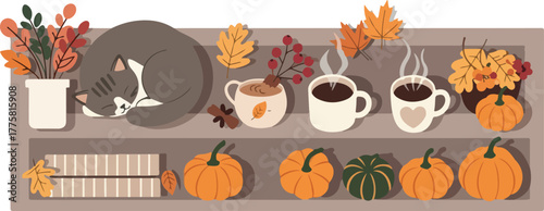 Cozy Autumn Shelf with Sleeping Cat Warm Drinks Pumpkins and Leaves Vector Art