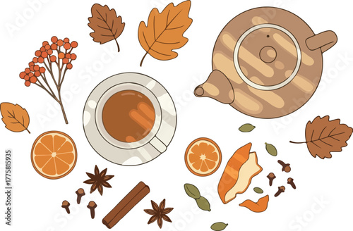 Cozy Autumn Tea and Spices Flat Design with Oranges and Leaves