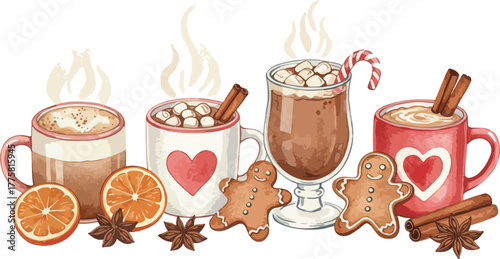 Cozy Hot Chocolate Cups With Gingerbread Cookies And Orange Slices Christmas Vector