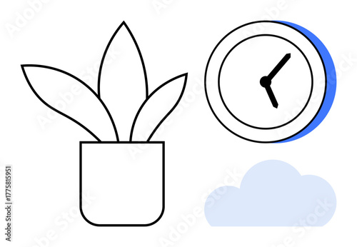Stylized potted plant, clock, and cloud showcasing harmony between time, nature, and simplicity. Ideal for wellness, productivity, eco-awareness, mindfulness modern living internet usage simple
