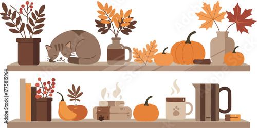 Cozy Autumn Shelves with Cat Pumpkins and Coffee in Warm Tones