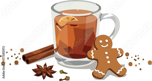 Cozy Hot Drink with Gingerbread Man Cinnamon Star Anise Spices