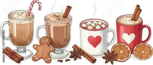 Cozy Winter Hot Drinks With Gingerbread And Spices On White Background