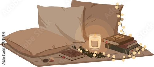 Cozy Reading Nook With Pillows Candle Books String Lights