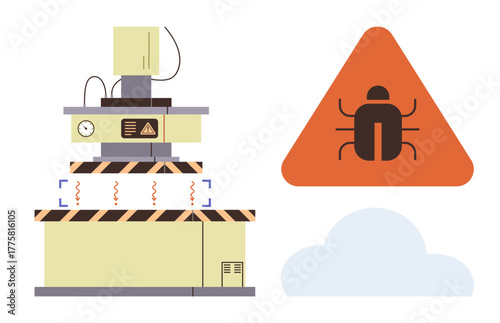 Advanced machinery scanning bugs, warning triangle with bug sign, cloud element. Ideal for cybersecurity, system errors, software testing, data protection, machine risk, technology simple flat