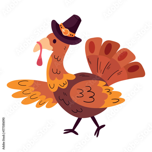 Traditional Thanksgiving Turkey Bird in Flat Vector Style