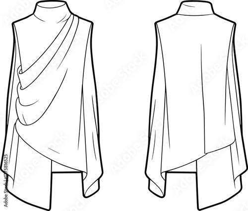 Asymmetrical tunic dress, sleeveless design, draped fold, layered front, flowing back, fashion flat, garment sketch, CAD drawing, vector illustration, template