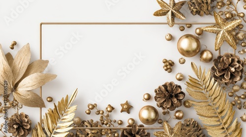 Elegant Gold Holiday Decorations Frame with Pinecones and Stars on White Background